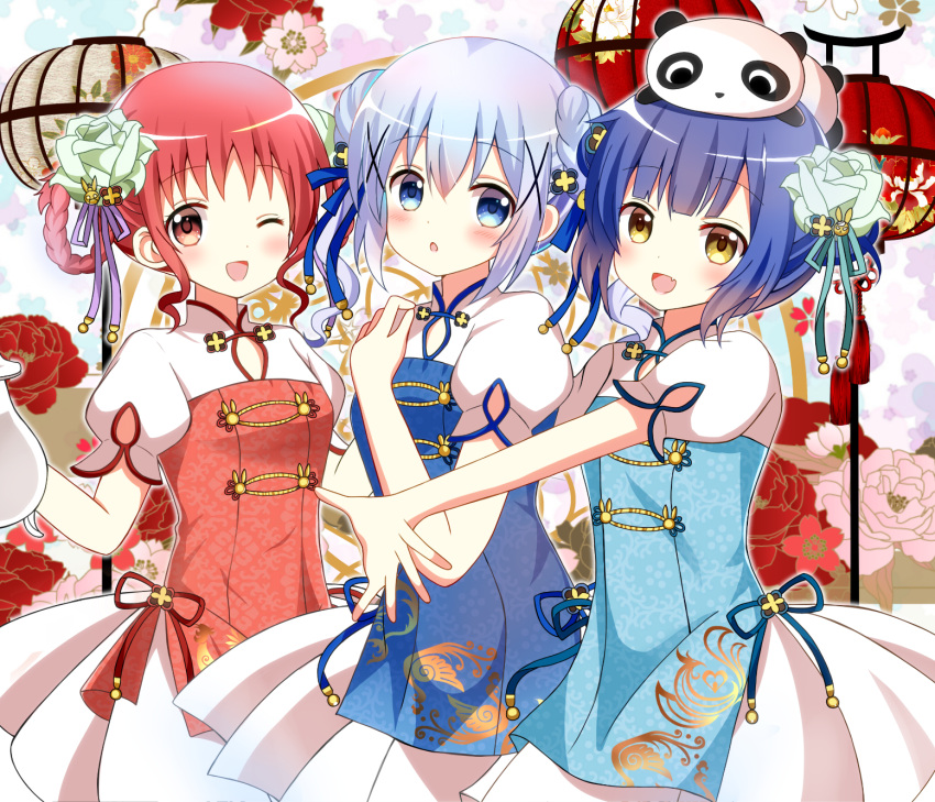 3girls :d ;d animal animal_on_head bangs blue_dress blue_eyes blue_hair blush brown_eyes chestnut_mouth chimame-tai china_dress chinese_clothes commentary_request double_bun dress eyebrows_visible_through_hair fang flower gochuumon_wa_usagi_desu_ka? green_flower hair_between_eyes hair_flower hair_ornament hair_rings highres jouga_maya kafuu_chino lantern looking_at_viewer multiple_girls natsu_megumi on_head one_eye_closed open_mouth outstretched_arm panda paper_lantern parted_lips puffy_short_sleeves puffy_sleeves red_dress redhead revision ryoutan short_sleeves side_bun sidelocks smile x_hair_ornament yellow_eyes