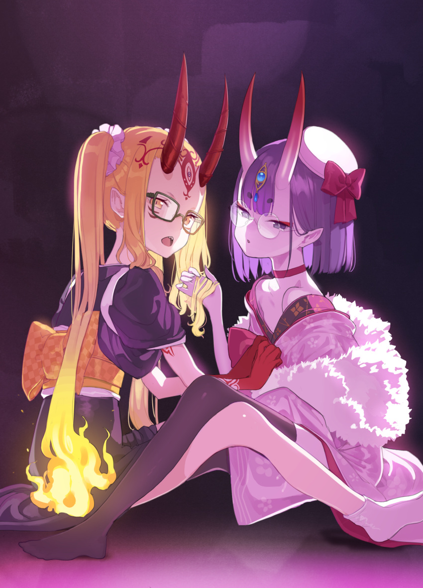 2girls absurdres black_legwear blonde_hair bow chestnut_mouth choker commentary doremi facial_mark fate/grand_order fate_(series) fiery_hair forehead_mark glasses hair_bow hat highres holding_another's_hair horns ibaraki_douji_(fate/grand_order) japanese_clothes kimono long_hair looking_at_viewer mini_hat multiple_girls navel no_shoes obi oni oni_horns pointy_ears purple_hair red_choker round_eyewear sash sharp_teeth short_hair shuten_douji_(fate/grand_order) sitting socks teeth thigh-highs twintails very_long_hair violet_eyes white_legwear yellow_eyes