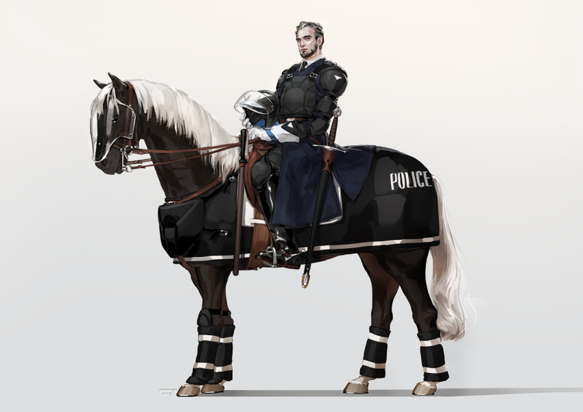 1boy 2018 animal arm_guards artist_name beard black_footwear black_gloves black_hair black_neckwear boots bridle bulletproof_vest closed_mouth clothed_animal elbow_gloves facial_hair full_body gloves headwear_removed helmet helmet_removed highres holding holding_helmet horse horseback_riding jane_mere knee_pads lips looking_at_viewer male_focus necktie original police police_uniform policeman riding sheath sheathed sitting sword transparent uniform weapon