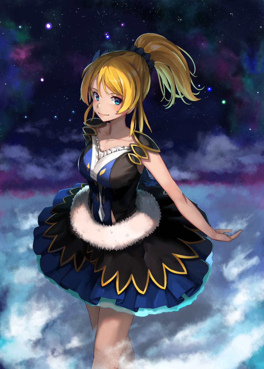 1girl ayase_eli bangs bare_arms black_dress blush breasts closed_mouth clouds collarbone dress eyebrows_visible_through_hair frilled_dress frills fur-trimmed_dress hair_ornament hair_scrunchie highres layered_dress lips long_hair looking_at_viewer love_live! love_live!_school_idol_project medium_breasts night night_sky petticoat ponytail scrunchie shiny shiny_hair sky sleeveless sleeveless_dress smile solo star_(sky) starry_sky sunga2usagi swept_bangs walking