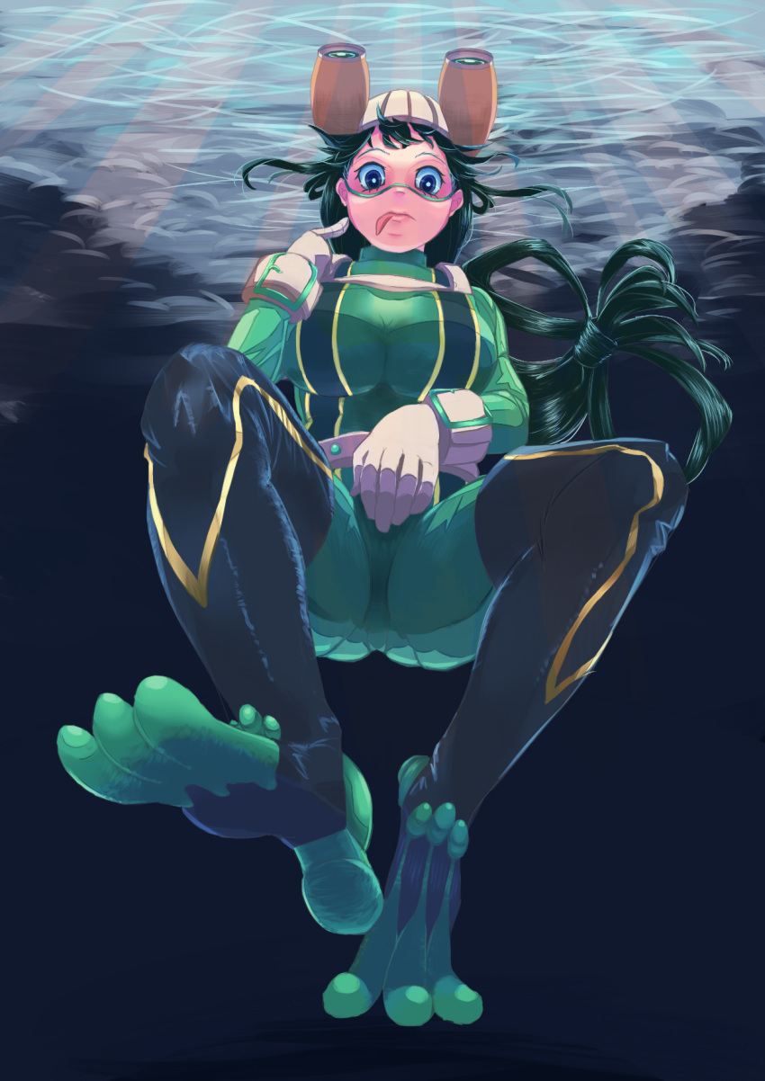 1girl asui_tsuyu black_eyes black_hair bodysuit boku_no_hero_academia boots frog_girl gloves green_bodysuit highres long_hair solo thigh-highs thigh_boots tongue tongue_out underwater woody