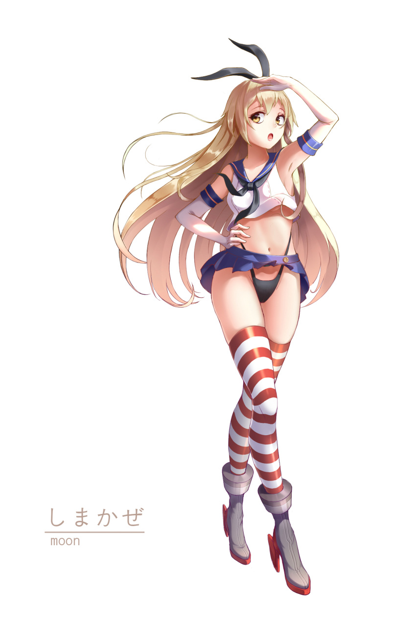 1girl animal_ears armpits artist_name black_panties blonde_hair character_name crop_top elbow_gloves gloves groin hair_ribbon hairband hand_on_hip high_heels highleg highleg_panties highres kantai_collection long_hair looking_at_viewer microskirt midriff miniskirt moon_(1634142372) navel panties rabbit_ears ribbon salute school_uniform serafuku shimakaze_(kantai_collection) simple_background skirt solo striped striped_legwear thigh-highs thong underwear white_background white_gloves yellow_eyes