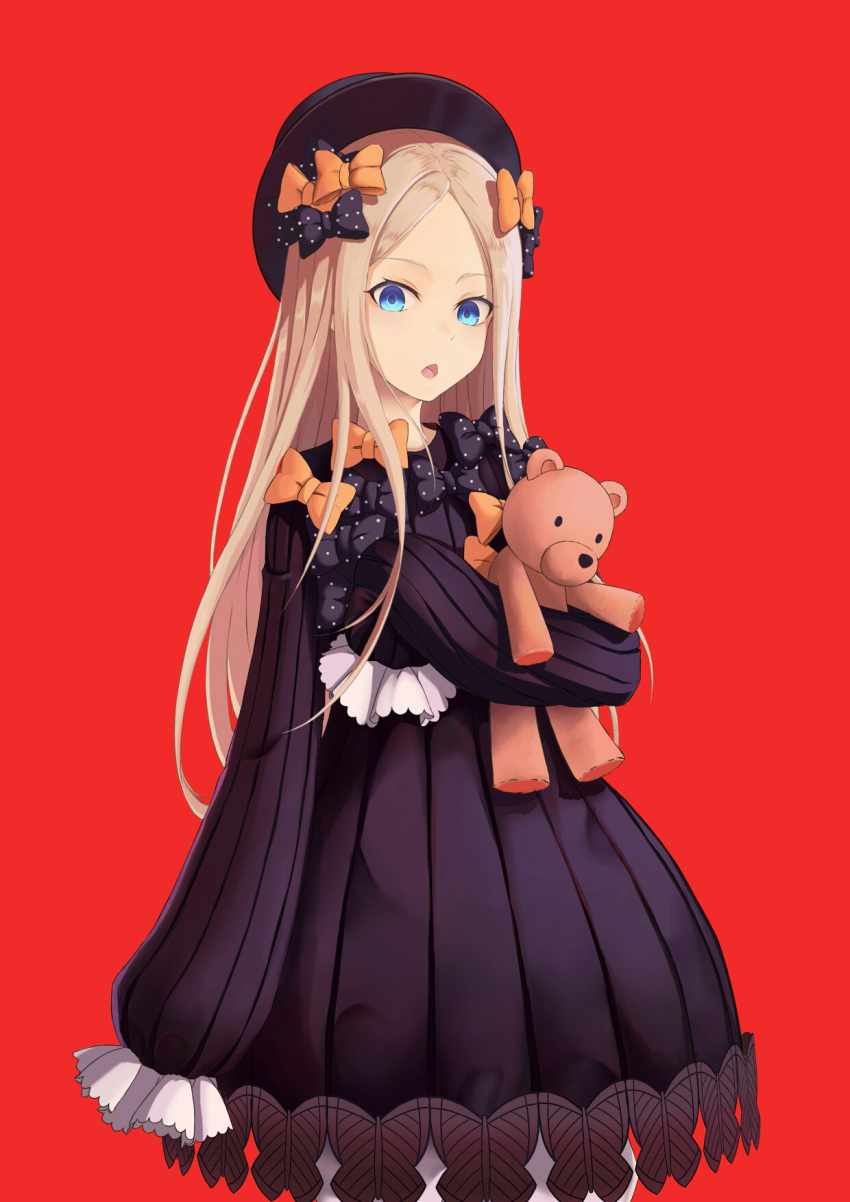 1girl abigail_williams_(fate/grand_order) bangs black_bow black_dress black_hat blonde_hair bloomers blue_eyes bow butterfly chestnut_mouth commentary_request dress fate/grand_order fate_(series) forehead hair_bow hat highres long_hair long_sleeves looking_at_viewer object_hug open_mouth orange_bow parted_bangs polka_dot polka_dot_bow red_background sbean simple_background sleeves_past_fingers sleeves_past_wrists solo stuffed_animal stuffed_toy teddy_bear underwear very_long_hair white_bloomers