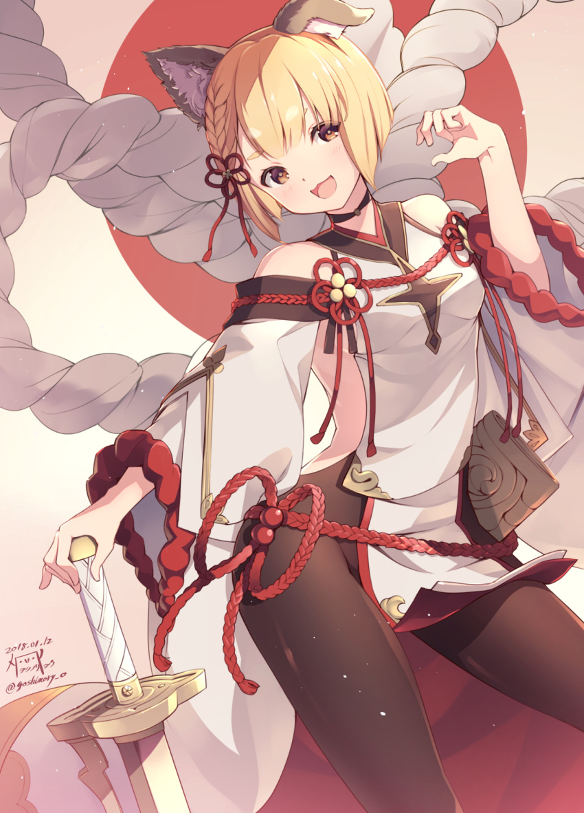 1girl :3 :d animal_ears blonde_hair blush braid breasts brown_eyes dated detached_sleeves dog_ears dutch_angle granblue_fantasy hair_ribbon hand_up head_tilt highres holding holding_sword holding_weapon legs_apart long_sleeves looking_at_viewer open_mouth pantyhose red_ribbon ribbon rope shimenawa shiny shiny_hair short_hair shoulder_cutout side_braid sideboob signature small_breasts smile solo standing sword tabard tareme twitter_username unsheathed vajra_(granblue_fantasy) weapon wide_sleeves yoshino_ryou