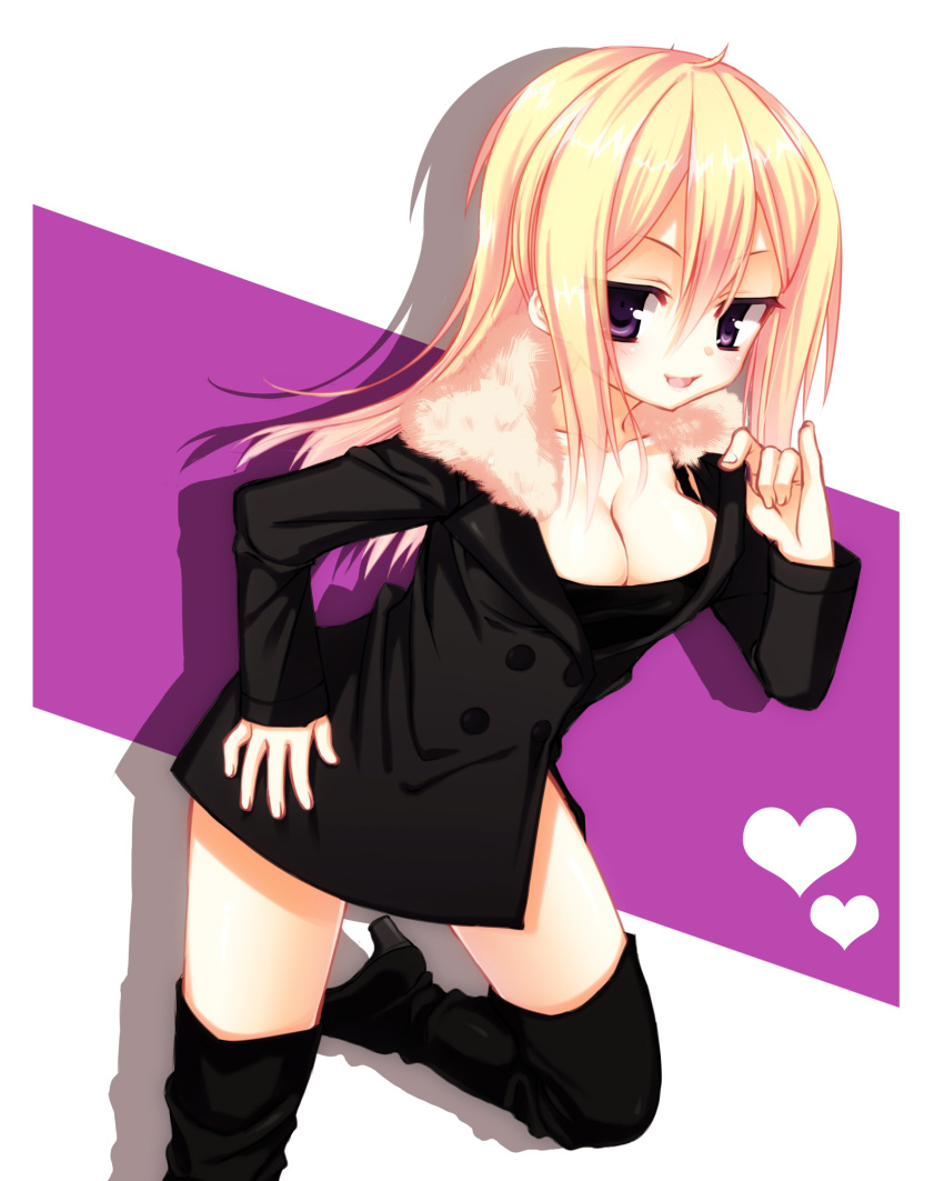 blonde_hair boots breasts cleavage double-breasted fur_collar fur_trim highres long_hair mousou_raichi thigh-highs thigh_boots violet_eyes