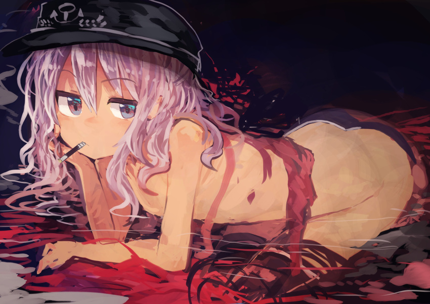 1girl absurdres arm_support bangs blue_eyes chin_rest cigarette commentary dark_background eyebrows_visible_through_hair flat_cap hair_between_eyes hat hibiki_(kantai_collection) highres kaamin_(mariarose753) kantai_collection long_hair looking_at_viewer silver_hair smoking solo thigh-highs topless