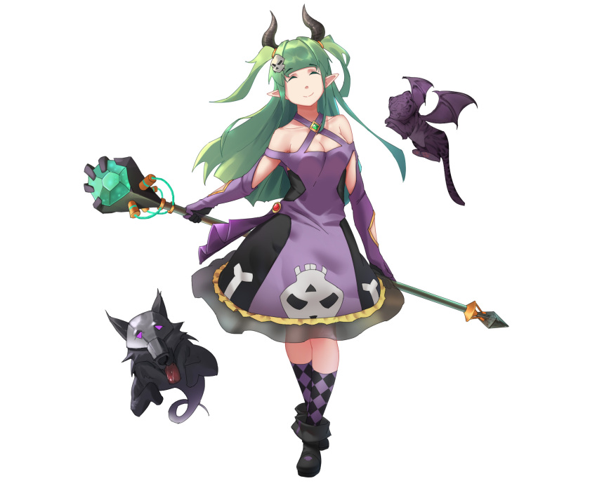 1girl bare_shoulders black_footwear bly@sleep breasts cat checkered checkered_legwear cleavage closed_eyes dress elbow_gloves facing_viewer full_body ghost gloves green_hair hair_ornament highres holding holding_staff horns kneehighs long_hair medium_breasts pointy_ears purple_dress purple_gloves purple_legwear skull_hair_ornament smile solo staff two_side_up