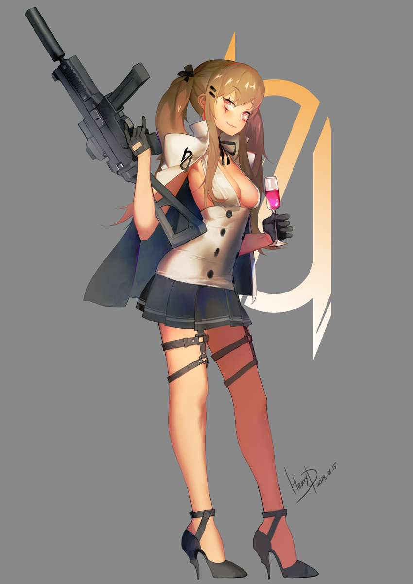 1girl alcohol alternate_costume armpits bangs black_bow black_gloves black_ribbon blush bow breasts brown_hair champagne_flute cleavage cup dated double-breasted drinking_glass girls_frontline gloves grey_background gun h&amp;k_ump h&amp;k_ump9 hair_between_eyes hair_bow hair_ornament hair_ribbon hairclip half_gloves halterneck heckler_&amp;_koch henry_davis high_heels highres holding holding_drinking_glass holding_gun holding_weapon long_hair looking_at_viewer magazine_(weapon) medium_breasts miniskirt no_bra o-ring pleated_skirt red_eyes ribbon scar scar_across_eye sideboob sidelocks signature simple_background skirt smile solo submachine_gun suppressor thigh_strap trigger_discipline twintails ump9_(girls_frontline) underbust weapon