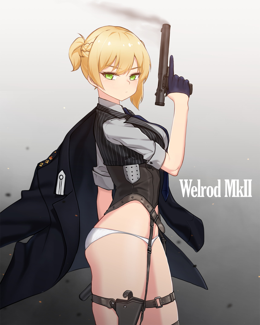 1girl arm_at_side black_gloves black_jacket black_vest braid character_name closed_mouth corset cowboy_shot eyebrows_visible_through_hair french_braid from_side girls_frontline gloves gradient gradient_background grey_background grey_shirt gun half_gloves highres holding holding_gun holding_weapon holster index_finger_raised jacket looking_at_viewer looking_to_the_side narynn no_pants open_clothes open_jacket panties serious shiny shiny_hair shirt short_ponytail short_sleeves smoke solo standing striped thigh_holster thigh_strap thighs trigger_discipline tsurime underwear v-shaped_eyebrows vertical_stripes vest weapon welrod_mk2 welrod_mk2_(girls_frontline) white_panties