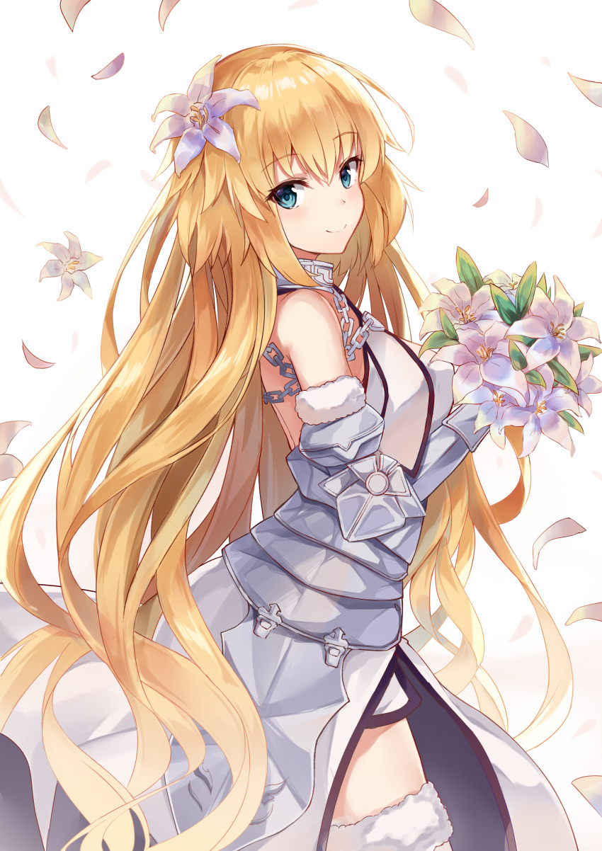 1girl absurdres armor armored_dress bangs bare_shoulders blonde_hair blue_eyes bouquet breasts chains collar dress eyebrows_visible_through_hair fate/grand_order fate_(series) faulds flower from_side fur-trimmed_legwear fur_trim gauntlets hair_flower hair_ornament highres holding holding_bouquet jeanne_d'arc_(fate) jeanne_d'arc_(fate)_(all) long_hair looking_at_viewer looking_to_the_side medium_breasts petals shiny shiny_hair simple_background sleeveless sleeveless_dress solo standing straight_hair thigh-highs usagi_an very_long_hair white_background white_dress white_flower white_legwear