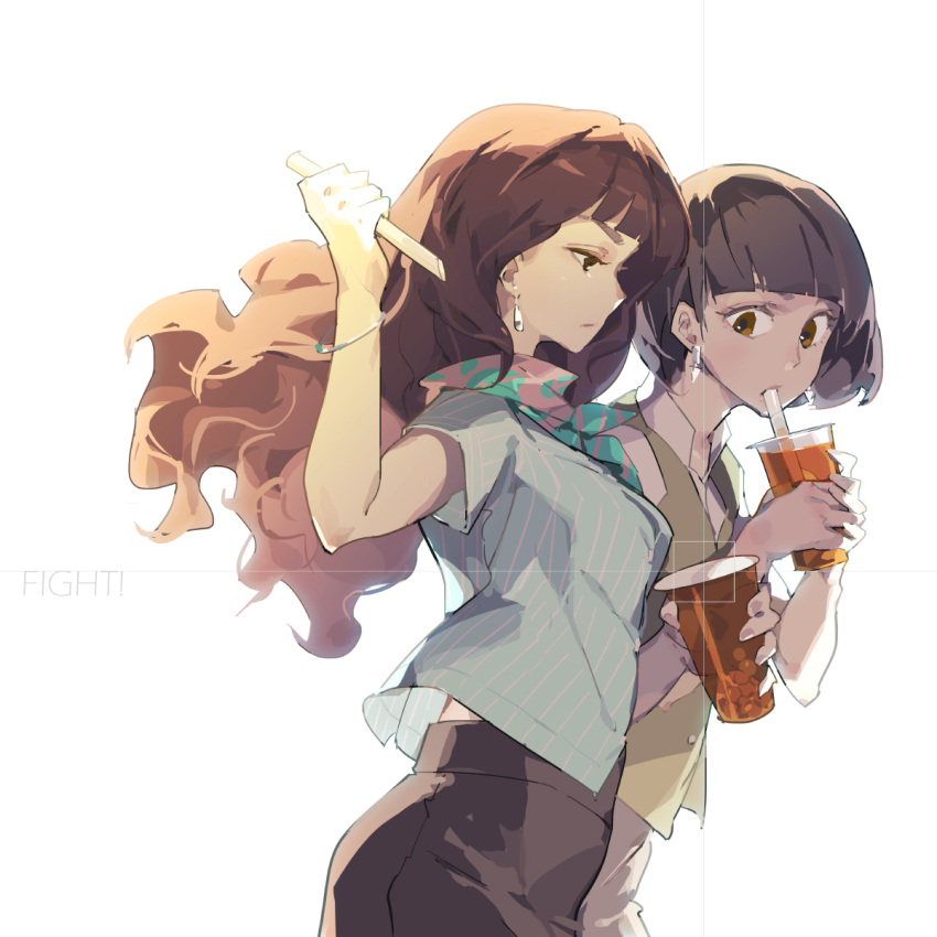 2girls arm_up black_skirt bracelet brown_eyes coffee commentary_request cup drinking drinking_straw earrings from_side highres holding holding_cup holding_straw jewelry long_hair looking_at_viewer multiple_girls original profile shirt short_hair short_sleeves side-by-side skirt straw tan_vest tennohi vest white_shirt