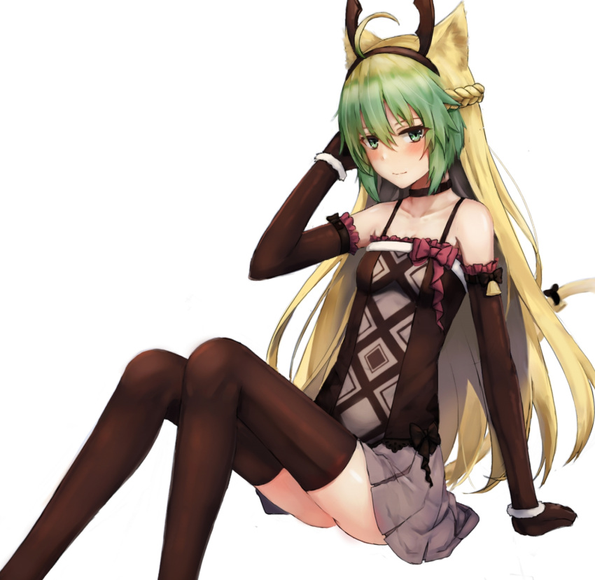 1girl ahoge animal_ears arm_support arm_up atalanta_(fate) bare_shoulders bell black_gloves black_hairband black_legwear blonde_hair blush braid breasts cat_ears cat_tail cleavage closed_mouth collarbone elbow_gloves eyebrows_visible_through_hair fate/grand_order fate_(series) feet_out_of_frame french_braid frilled_gloves frills gloves green_eyes green_hair grey_skirt hair_between_eyes hairband hand_in_hair highres invisible_chair knees_up long_hair looking_at_viewer miniskirt seaweed2017 simple_background sitting skirt small_breasts smile solo tail thigh-highs very_long_hair white_background