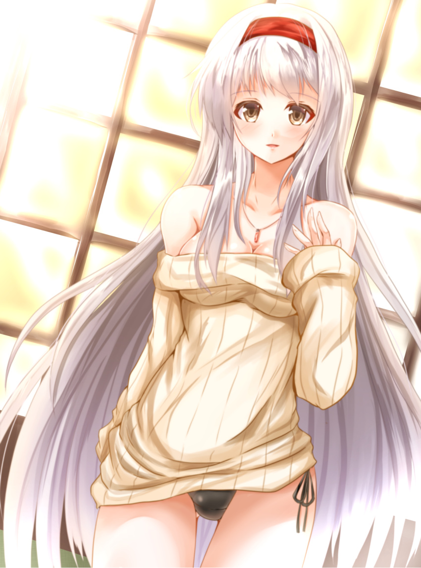 1girl black_panties breasts brown_eyes cleavage hairband highres interior jewelry kantai_collection kentan_(kingtaiki) large_breasts long_hair necklace panties ribbed_sweater shoukaku_(kantai_collection) silver_hair smile solo sunlight sweater underwear