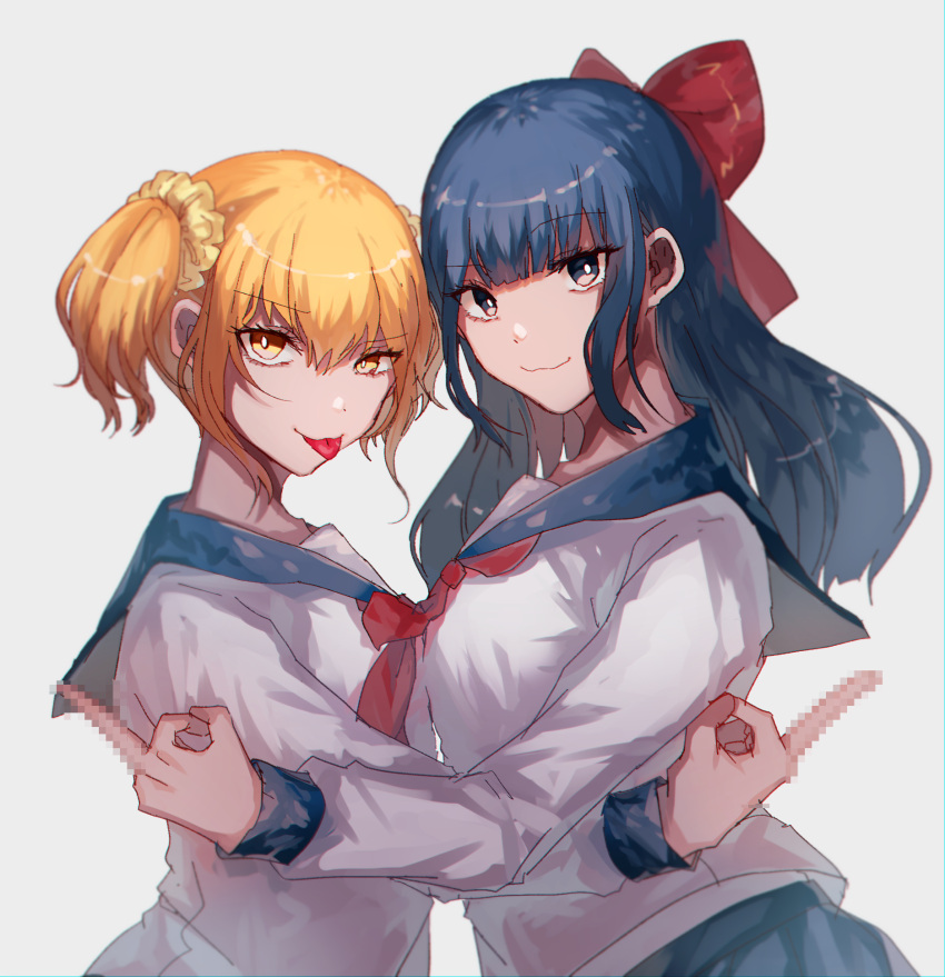 2girls :3 :p blonde_hair blue_eyes blue_hair bow censored danjou_sora hair_bow highres long_hair looking_at_viewer middle_finger mosaic_censoring multiple_girls pipimi poptepipic popuko school_uniform serafuku short_hair sidelocks tongue tongue_out twintails yellow_eyes