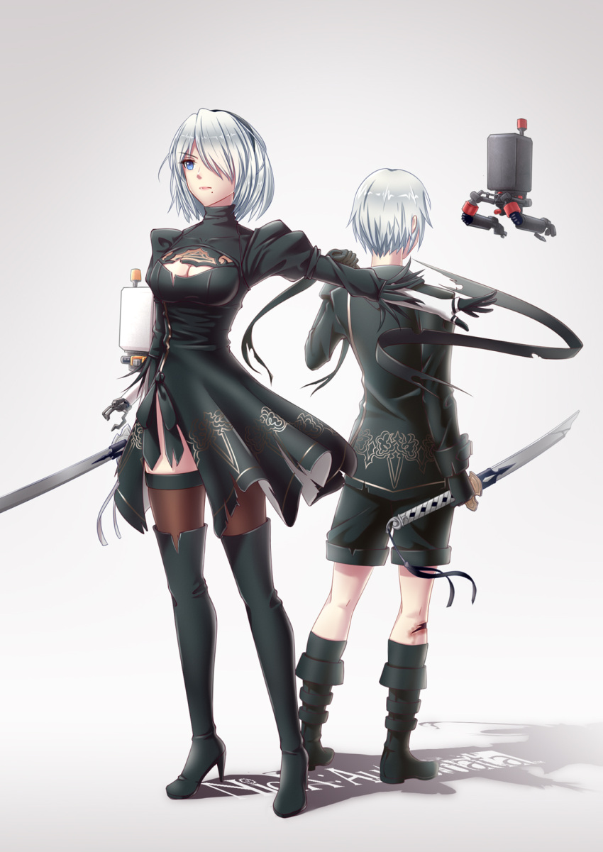 1boy 1girl blue_eyes boots breasts feather-trimmed_sleeves geduan highres nier_(series) nier_automata pod_(nier_automata) scar short_hair shorts standing sword weapon white_hair yorha_no._2_type_b yorha_no._9_type_s