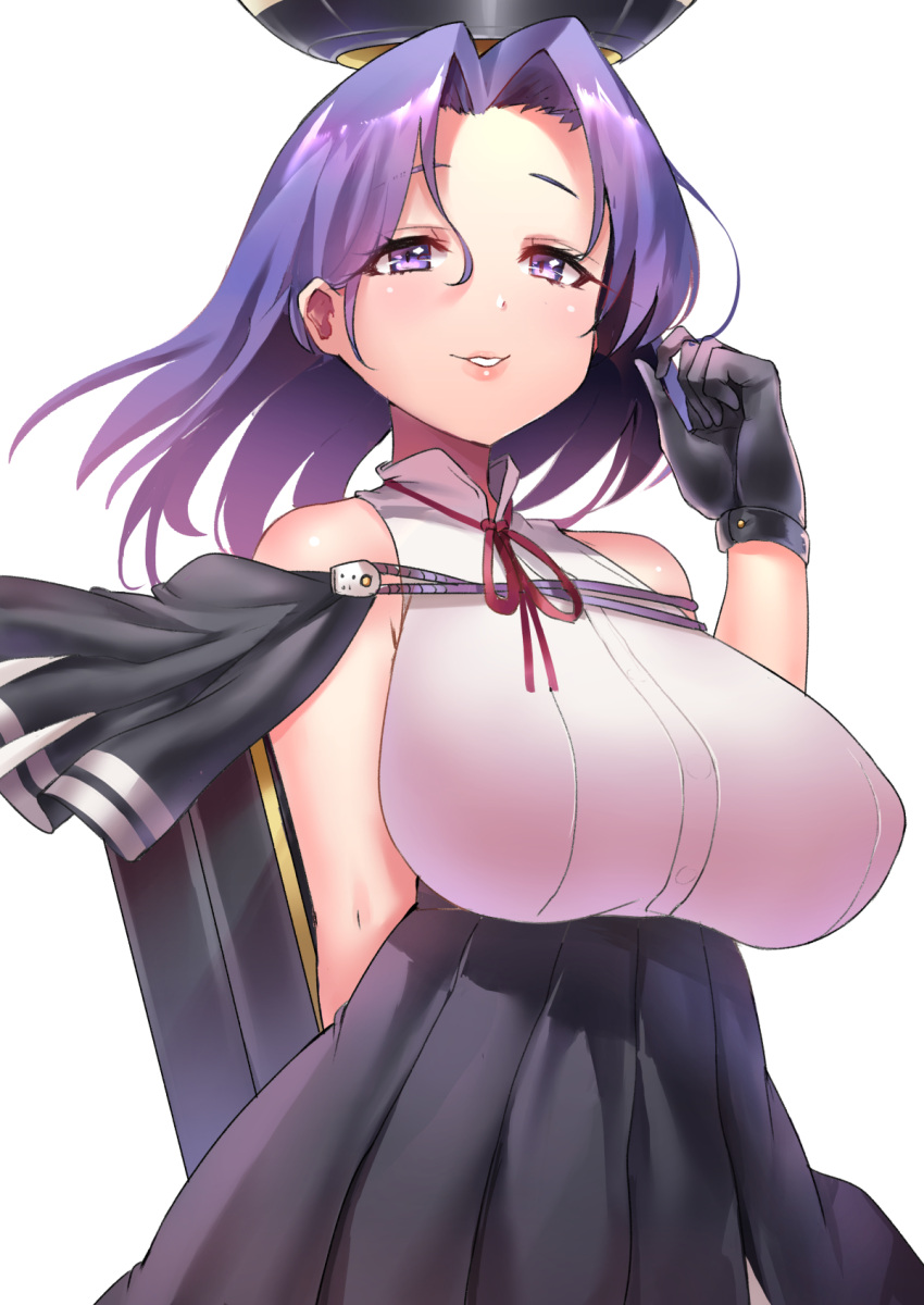 1girl arm_behind_back bare_shoulders black_gloves black_skirt breasts eyebrows eyebrows_visible_through_hair eyelashes facing_away funaya_(a2brasd) gloves hair_intakes high-waist_skirt highres kantai_collection large_breasts mechanical_halo palms parted_lips pink_lips pleated_skirt purple_hair raised_eyebrows red_ribbon remodel_(kantai_collection) revision ribbon shiny shiny_hair shirt short_hair simple_background skirt sleeveless sleeveless_shirt smile solo tatsuta_(kantai_collection) taut_clothes upper_body violet_eyes white_background white_shirt wind