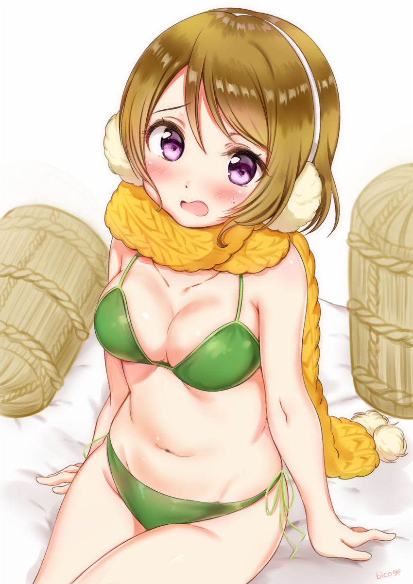 1girl artist_name bico_(bicoris) bikini blush breasts brown_hair cleavage collarbone commentary_request earmuffs green_bikini highres koizumi_hanayo love_live! love_live!_school_idol_project midriff navel open_mouth scarf short_hair side-tie_bikini sitting solo sweatdrop swimsuit violet_eyes yellow_scarf