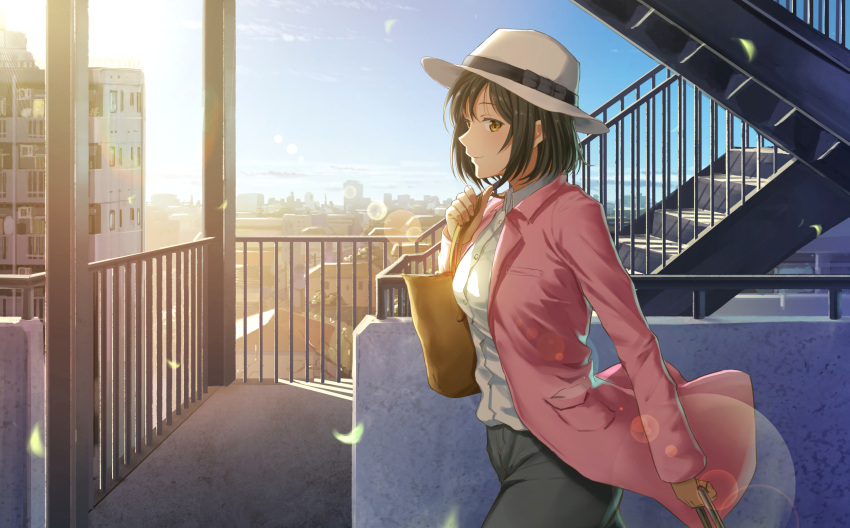 1girl bag black_pants black_ribbon blue_sky brown_hair building city closed_mouth collared_shirt cowboy_shot day dress_shirt hat hat_ribbon highres jacket leaf lens_flare long_sleeves motion_blur open_clothes open_jacket original outdoors pants pink_jacket pocket railing ribbon shirt short_hair shoulder_bag sky smile solo stairs sugi87 sunlight walking white_hat white_shirt wind wing_collar yellow_eyes