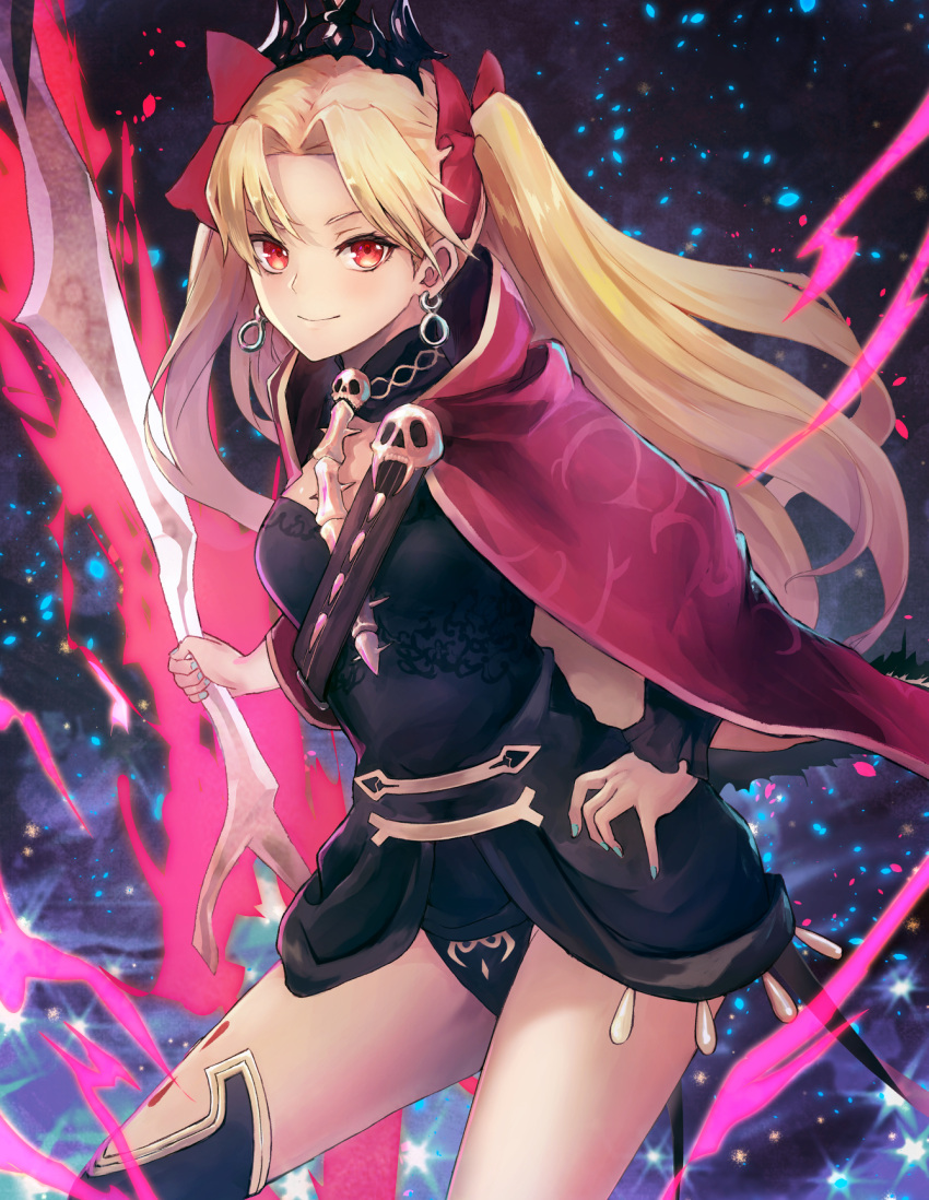 1girl bangs black_dress black_legwear black_leotard blonde_hair blue_nails bow breasts cape closed_mouth commentary_request dress earrings ereshkigal_(fate/grand_order) fate/grand_order fate_(series) floating_hair glowing glowing_weapon hair_bow hand_on_hip highres holding holding_weapon hoop_earrings jewelry leotard light_particles long_hair long_sleeves looking_at_viewer nail_polish parted_bangs print_dress print_leotard red_bow red_cape red_eyes shiny shiny_hair skull small_breasts smile solo sparkle spine standing thigh-highs tsurime two_side_up weapon wind yukihama