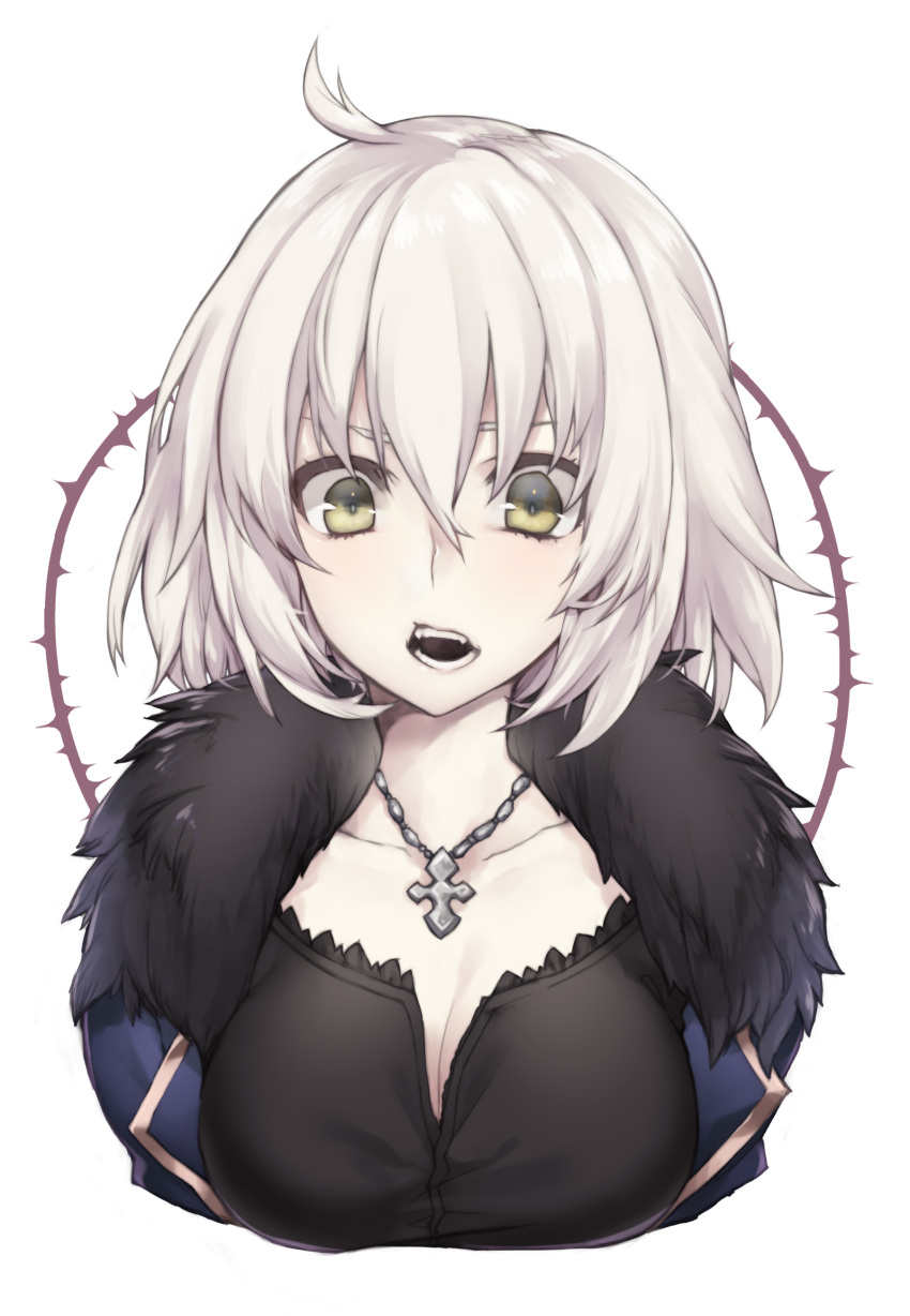1girl absurdres bangs blue_coat breasts cleavage coat collarbone eyebrows eyelashes facing_viewer fangs fate/grand_order fate_(series) fur_collar hair_between_eyes highres jeanne_d'arc_(alter)_(fate) jeanne_d'arc_(fate)_(all) jewelry looking_at_viewer medium_breasts necklace open_clothes open_coat open_mouth plant short_hair solo teeth thorns upper_body vines white_hair white_skin yellow_eyes yutazou