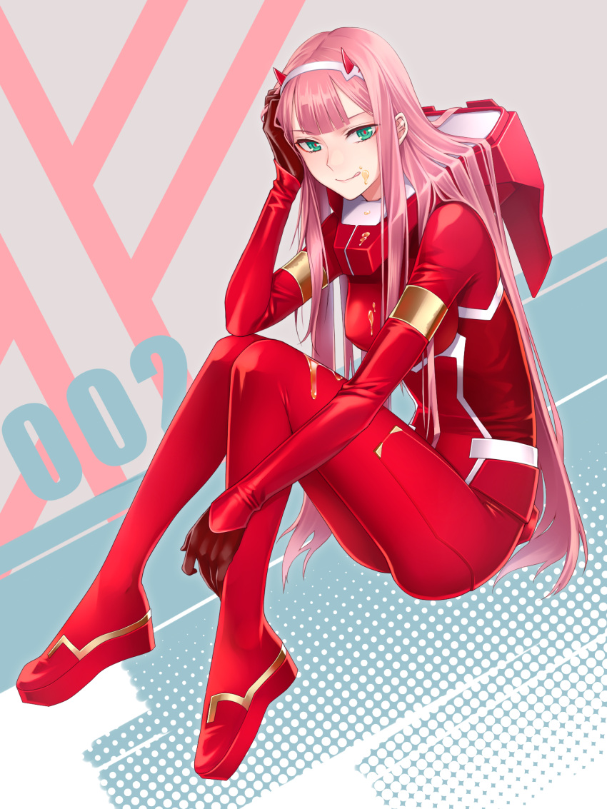 1girl :q aqua_eyes bangs blush bodysuit breasts character_name chimachi commentary_request darling_in_the_franxx dripping full_body hairband hand_on_own_face highres honey horns knees_up licking_lips lips long_hair looking_at_viewer medium_breasts pilot_suit pink_hair red_bodysuit shiny shiny_hair sitting smile solo text tongue tongue_out zero_two_(darling_in_the_franxx)