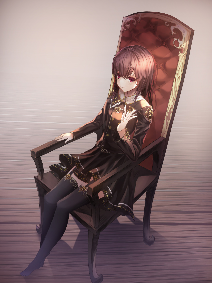 1girl absurdres black_legwear brown_hair chair cup6542 eyebrows_visible_through_hair from_above highres looking_at_viewer original red_eyes simple_background sitting thigh-highs