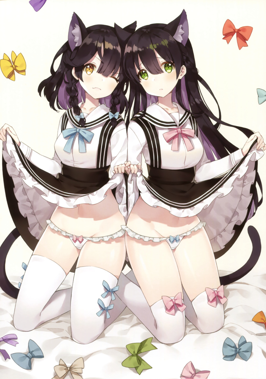 2girls absurdres animal_ears ayami bangs bed_sheet blue_bow blue_ribbon blush bow braid breasts cat_ears cat_tail closed_mouth eyebrows_visible_through_hair fang fang_out frilled_panties frills frown full_body green_eyes hair_bow head_tilt heart_in_eye highres kneeling lifted_by_self long_hair looking_at_viewer lowleg lowleg_panties medium_breasts multicolored_hair multiple_girls navel original panties petticoat pink_ribbon purple_hair red_bow ribbon scan school_uniform serafuku shiny shiny_hair shiny_skin shirt skirt skirt_lift tail thigh-highs thighs too_many_bows twin_braids two-tone_hair underbust underwear v-shaped_eyebrows very_long_hair white_legwear white_panties white_shirt yellow_bow yellow_eyes