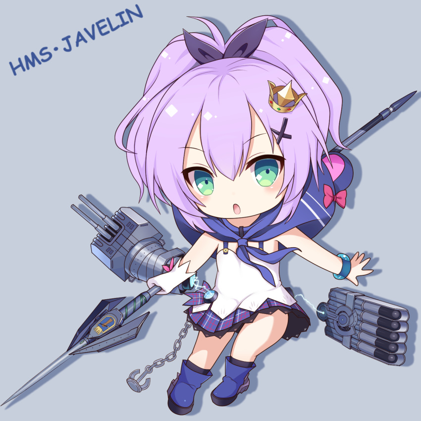 1girl anchor azur_lane bangs blue_footwear blush boots bracelet camisole cannon chains character_name chibi commentary_request crown eyebrows_visible_through_hair full_body gloves green_eyes grey_background hair_between_eyes highres holding holding_weapon javelin javelin_(azur_lane) jewelry kyuujou_komachi looking_at_viewer mini_crown object_namesake parted_lips plaid plaid_skirt purple_hair purple_skirt simple_background single_glove skirt solo torpedo turret weapon white_camisole white_gloves