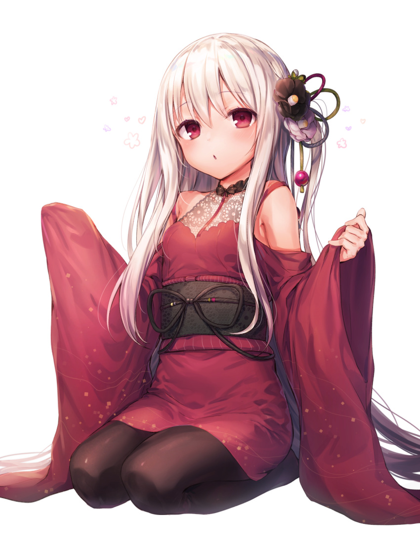 1girl :o bangs bare_shoulders bead black_bow black_flower black_legwear blush bow breasts collarbone dress eyebrows_visible_through_hair fanbox_reward flower full_body hair_between_eyes hair_flower hair_ornament hands_up highres japanese_clothes kimono komeshiro_kasu lace lace-trimmed_dress long_hair long_sleeves looking_at_viewer obi open_mouth original paid_reward pantyhose purple_flower red_dress red_eyes red_kimono sash seiza short_dress short_kimono silver_hair sitting sleeveless sleeveless_dress sleeveless_kimono sleeves_past_wrists small_breasts solo spaghetti_strap strap_slip white_background wide_sleeves
