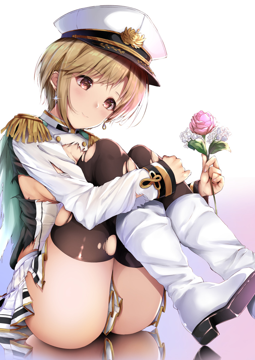 1girl absurdres aiba_yumi bangs black_legwear blonde_hair blush boots breast_press breasts buttons cape closed_mouth earrings epaulettes eyebrows_visible_through_hair fantia_reward fay fingernails flower from_side glint gradient gradient_background hat highres holding holding_flower idolmaster idolmaster_cinderella_girls idolmaster_cinderella_girls_starlight_stage jewelry knee_boots knees_to_chest knees_up leaf leg_hug long_fingernails long_sleeves military military_uniform miniskirt paid_reward panties pantyshot pantyshot_(sitting) peaked_cap pink_eyes pink_flower pink_panties pink_rose pleated_skirt reflection rose seizon_honnou_valkyria shirt short_hair sitting skirt smile solo thigh-highs torn_cape torn_clothes torn_shirt torn_skirt torn_thighhighs underwear uniform white_footwear white_hat white_shirt white_skirt