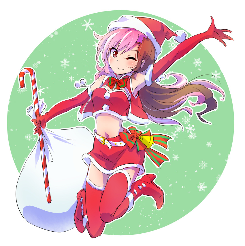 1girl brown_hair candy candy_cane christmas food hat highres iesupa neo_(rwby) one_eye_closed pink_hair rwby sack santa_costume santa_hat smile snowflakes solo