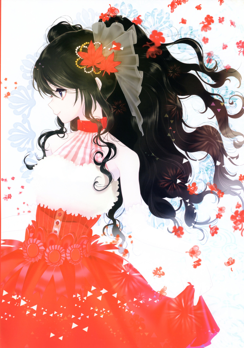 1girl absurdres bangs bare_shoulders black_hair blue_eyes buttons collar collared_dress dress elbow_gloves flower fur_trim gloves hair_between_eyes hair_ornament halterneck highres huge_filesize leaf_hair_ornament long_hair looking_away looking_to_the_side ogino_atsuki original profile red_dress scan sidelocks skirt_hold sleeveless sleeveless_dress smile solo twintails wavy_hair white_gloves