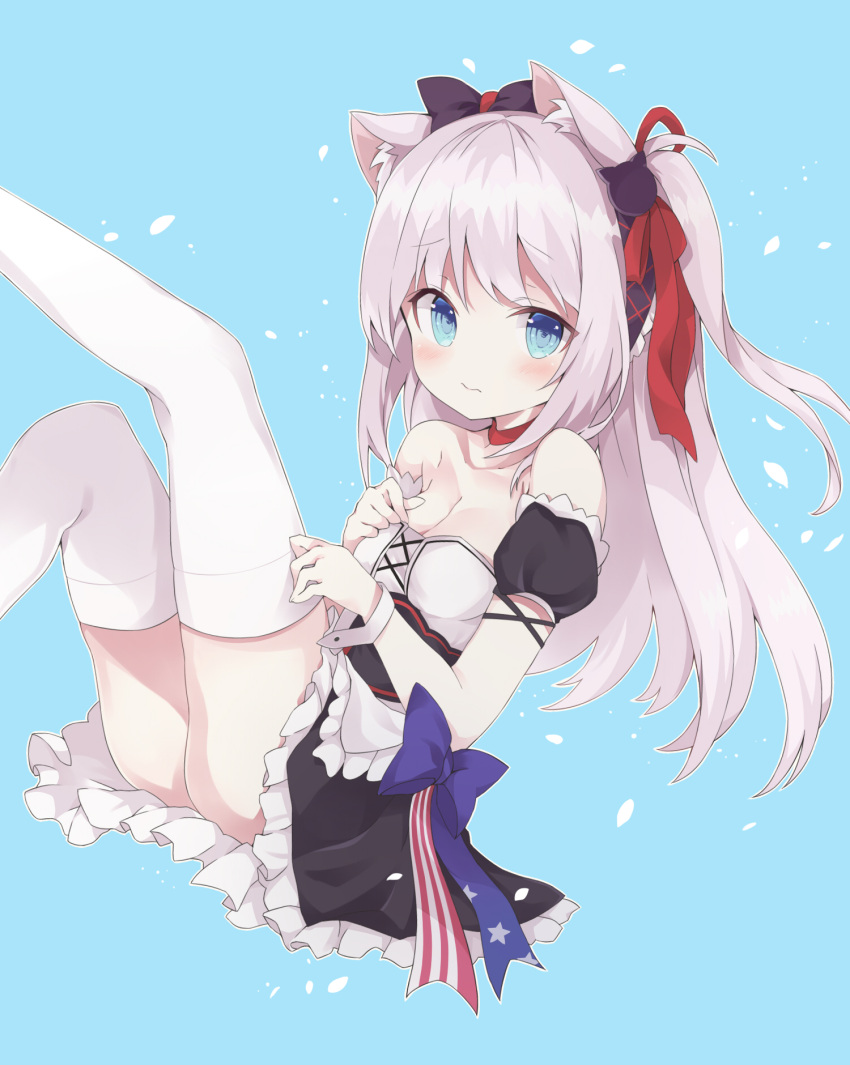 1girl american_flag american_flag_print animal_ears apron azur_lane bare_shoulders black_bow black_dress blue_background blue_bow blue_eyes blush bow breasts cat_ears cat_hair_ornament choker cleavage closed_mouth collarbone commentary_request dress flag_print frilled_apron frilled_dress frills hair_bow hair_ornament hair_ribbon hammann_(azur_lane) highres long_hair looking_at_viewer medium_breasts one_side_up puffy_short_sleeves puffy_sleeves red_choker red_ribbon remodel_(azur_lane) ribbon rinji short_sleeves silver_hair solo thigh-highs very_long_hair waist_apron wavy_mouth white_apron white_legwear wrist_cuffs