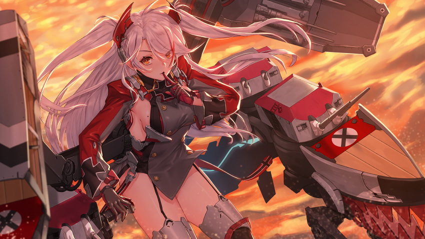 1girl azur_lane bangs breasts brown_eyes cleavage cross dress evening eyebrows_visible_through_hair finger_to_mouth gloves hair_between_eyes hair_ornament highres hips jacky5493 large_breasts long_hair long_sleeves looking_at_viewer military military_uniform mole mole_on_breast multicolored_hair prinz_eugen_(azur_lane) red_eyes red_gloves sideboob silver_hair sky solo sunset thigh-highs two_side_up uniform