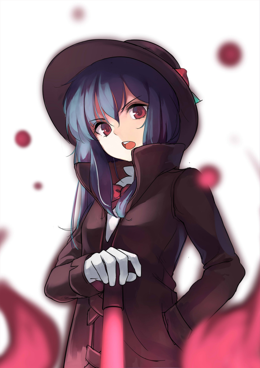 1girl :o alternate_costume alternate_headwear bangs blue_hair blurry bow bowtie brown_coat brown_hat coat depth_of_field eyebrows_visible_through_hair fedora from_below gloves gun hand_in_pocket hat hat_ornament highres hinanawi_tenshi holding holding_gun holding_weapon long_hair long_sleeves looking_at_viewer looking_down neetsr open_mouth red_bow red_eyes red_neckwear round_teeth simple_background solo teeth touhou upper_body v-shaped_eyebrows weapon white_background white_gloves