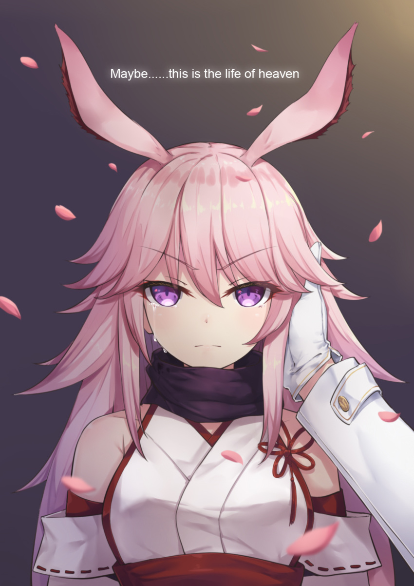 &gt;:( 1girl animal_ears bangs bare_shoulders black_scarf blush breasts crying crying_with_eyes_open english eyelashes flat_chest fox_ears gloves gradient gradient_background hair_between_eyes hand_on_another's_cheek hand_on_another's_face highres honkai_impact japanese_clothes kimono long_hair long_sleeves looking_at_viewer medium_breasts motion_blur neps-l petals pink_hair pov red_ribbon ribbon ribbon_trim scarf shiny shiny_hair sidelocks solo_focus tears upper_body v-shaped_eyebrows violet_eyes white_gloves white_kimono yae_sakura_(benghuai_xueyuan)