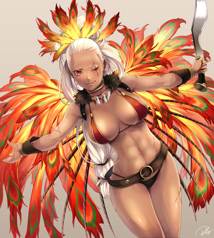 1girl armpits bangle bare_shoulders belt bikini black_bikini_bottom bracelet breasts brown_background character_request cleavage closed_mouth cowboy_shot dark_skin earrings facial_scar fate/grand_order fate_(series) feathers forehead fur_trim hair_feathers highres holding holding_weapon hoop_earrings jewelry large_breasts lips long_hair looking_at_viewer low-tied_long_hair mismatched_bikini navel necklace outstretched_arms ponytail re_lucy red_bikini_top red_eyes scar scar_across_eye shiny shiny_skin simple_background solo spread_arms standing stomach swimsuit thighs toned tooth_necklace very_long_hair weapon