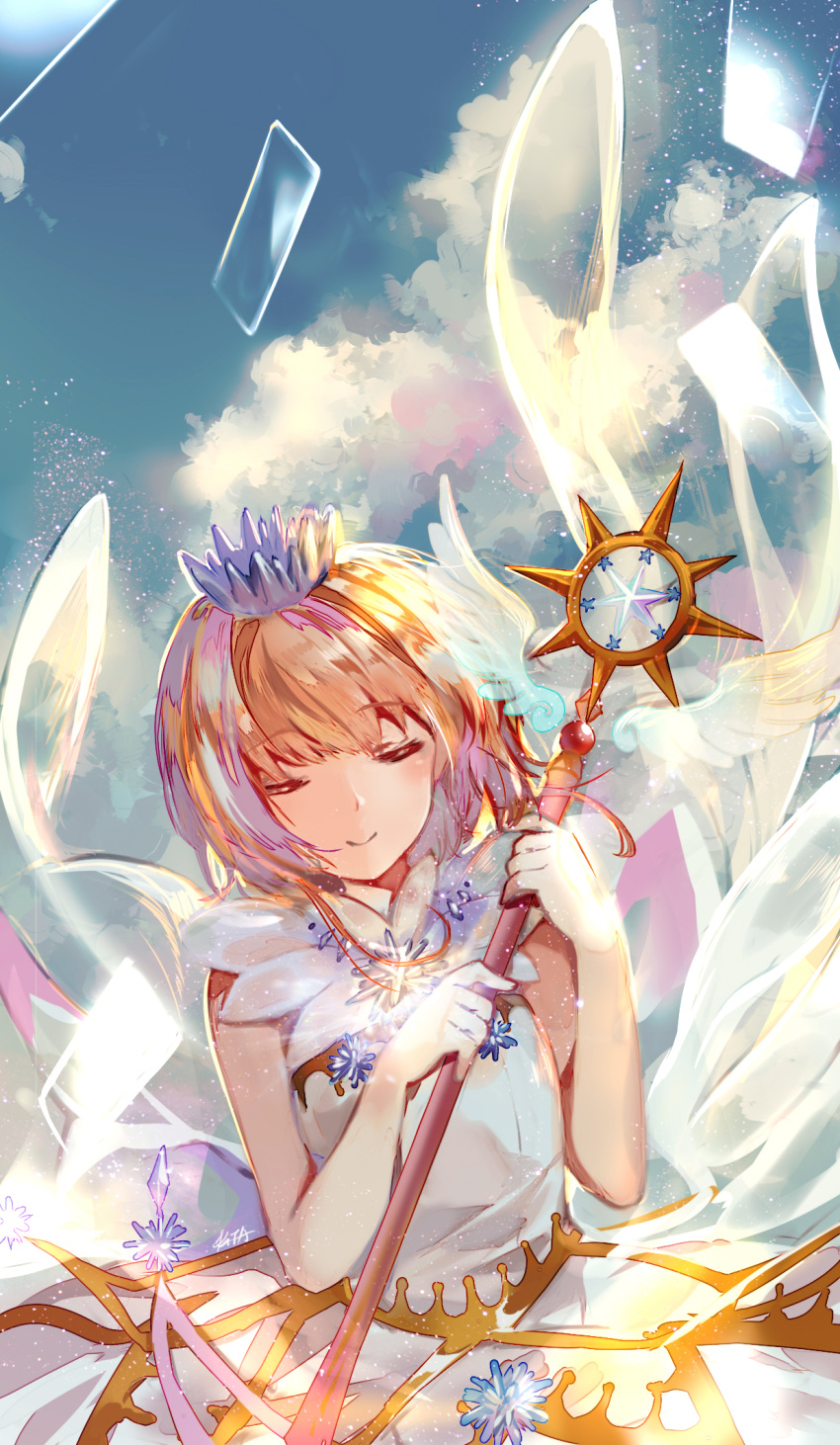 1girl bangs bare_arms bare_shoulders blue_sky blush brown_hair card_captor_sakura clear_card closed_eyes closed_mouth clouds crown day dress elise_(piclic) eyebrows_visible_through_hair facing_viewer glowing highres holding holding_wand kinomoto_sakura light light_particles shiny shiny_hair short_hair signature sky sleeveless sleeveless_dress smile solo transparent_wings wand white_dress wings