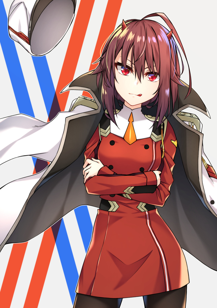 1girl :q ahoge black_legwear brown_hair cape commentary cosplay crossed_arms darling_in_the_franxx dress hair_between_eyes hat hat_removed headwear_removed healther highres horns looking_at_viewer medium_hair military military_uniform original pantyhose red_dress red_eyes solo tongue tongue_out uniform v-shaped_eyebrows