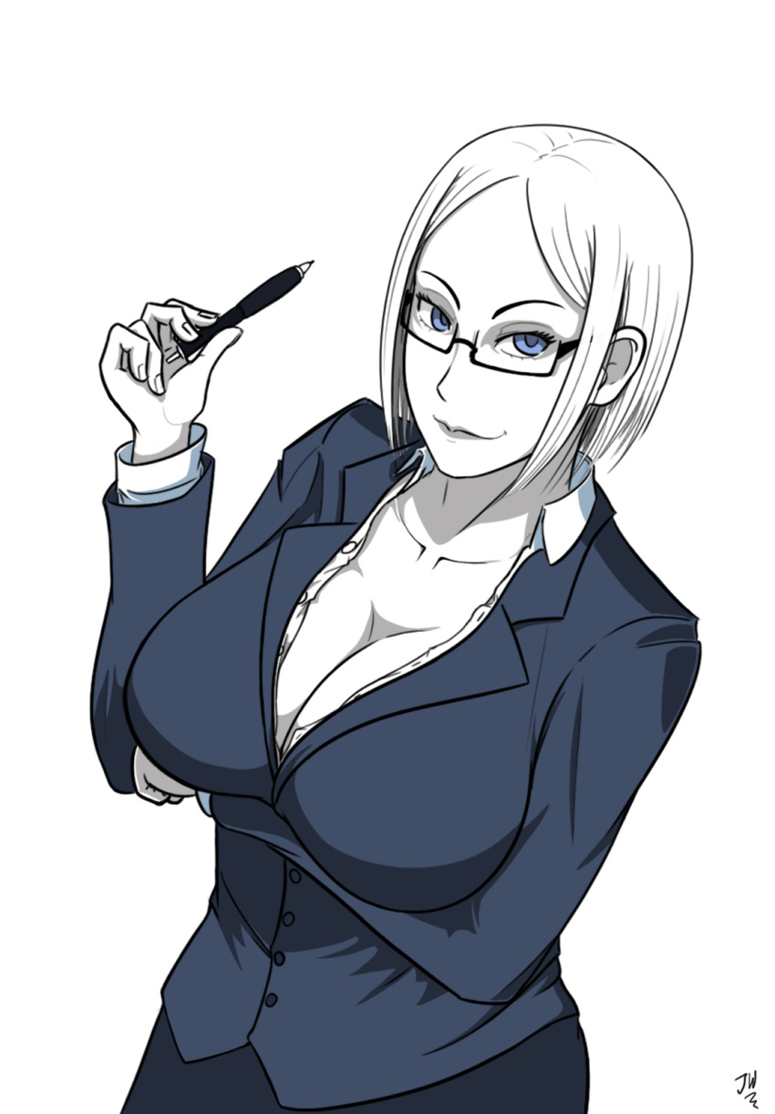 blonde_hair blue_eyes breast_rest breasts business_suit carried_breast_rest cleavage collarbone formal glasses highres large_breasts lord_jaywalk monochrome office_lady original pencil_skirt short_hair skirt suit white_background