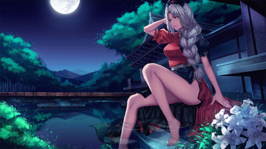 1girl arm_at_side arm_up bangs bare_legs barefoot blue_eyes braid breasts building closed_mouth feet flower forest frilled_sleeves frills full_moon hair_over_shoulder hat highres house light_particles medium_breasts moon moonlight mountainous_horizon nature nightgown nurse_cap parted_bangs pond puffy_short_sleeves puffy_sleeves red-d ripples sash shiny shiny_skin short_sleeves side_slit silver_hair single_braid smile soaking_feet solo thighs touhou tree tsurime two-tone_dress wall water water_drop wet white_flower yagokoro_eirin