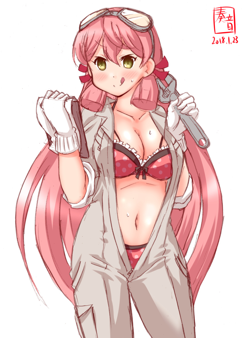 1girl akashi_(kantai_collection) bra breasts cleavage clipboard commentary_request contrapposto coveralls cowboy_shot dated frilled_bra frills gloves goggles goggles_on_head green_eyes hair_ribbon highres kanon_(kurogane_knights) kantai_collection logo long_hair navel open_clothes panties pink_hair polka_dot polka_dot_bra polka_dot_panties red_bra red_panties ribbon simple_background solo tongue tongue_out tress_ribbon underwear white_background wrench