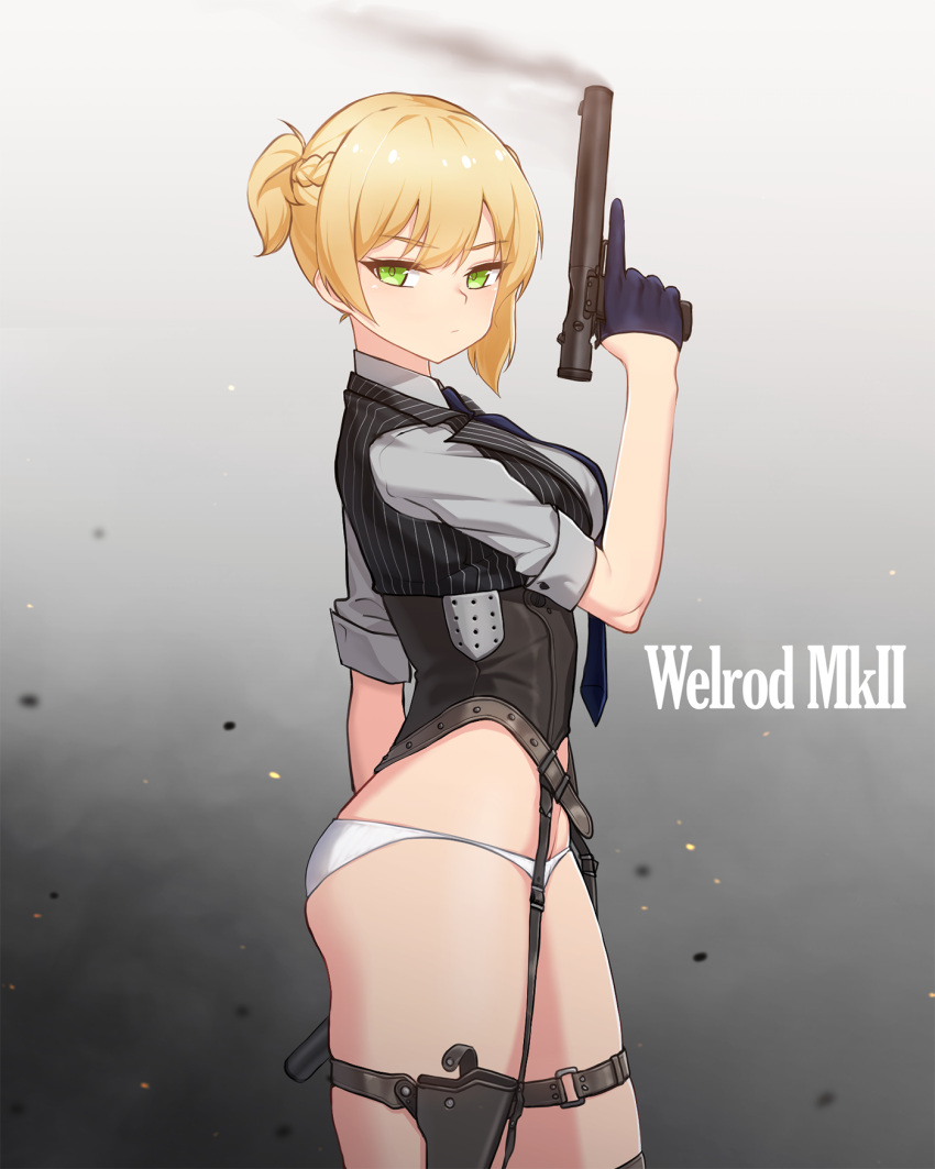 1girl arm_at_side black_gloves black_vest braid character_name closed_mouth corset cowboy_shot eyebrows_visible_through_hair french_braid from_side girls_frontline gloves gradient gradient_background grey_background grey_shirt gun half_gloves highres holding holding_gun holding_weapon holster index_finger_raised looking_at_viewer looking_to_the_side narynn no_pants panties serious shirt short_ponytail short_sleeves solo standing striped thigh_holster thigh_strap thighs trigger_discipline tsurime underwear v-shaped_eyebrows vertical_stripes vest weapon welrod_mk2 welrod_mk2_(girls_frontline) white_panties