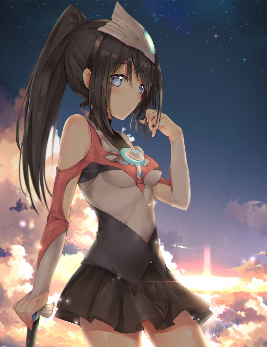 1girl absurdres backlighting bangs bare_shoulders black_hair black_skirt blue_eyes blush breasts closed_mouth clouds cloudy_sky commentary contrapposto covered_collarbone cowboy_shot diffraction_spikes eyebrows_visible_through_hair genderswap genderswap_(mtf) gloves gradient_sky grey_gloves hair_between_eyes hand_in_hair hand_on_hilt hand_up headgear high_ponytail highres light_particles light_smile long_hair looking_at_viewer medium_breasts miniskirt night night_sky outdoors personification pleated_skirt ponytail shiny shiny_hair shiny_skin shoulder_cutout side_glance sidelocks skirt sky solo standing star_(sky) starry_sky sunlight sunrise tareme taro_(ultrataro) turtleneck ultra_series ultraman_orb ultraman_orb_(series)