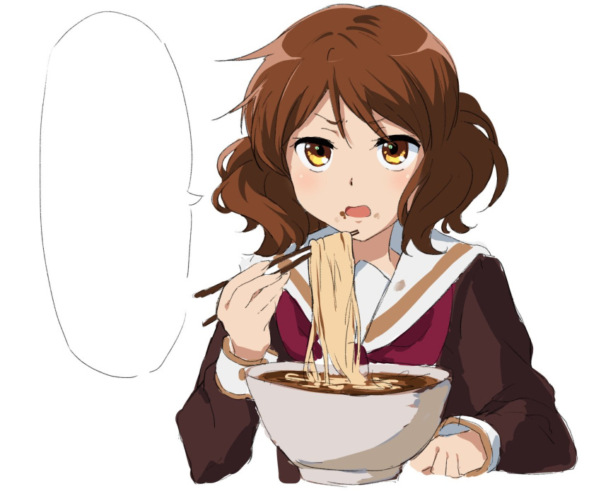 1girl blank_speech_bubble bowl brown_serafuku chopsticks eating food hibike!_euphonium neckerchief noodles nyum open_mouth oumae_kumiko ramen red_neckwear sailor_collar school_uniform serafuku simple_background solo speech_bubble upper_body white_background white_sailor_collar