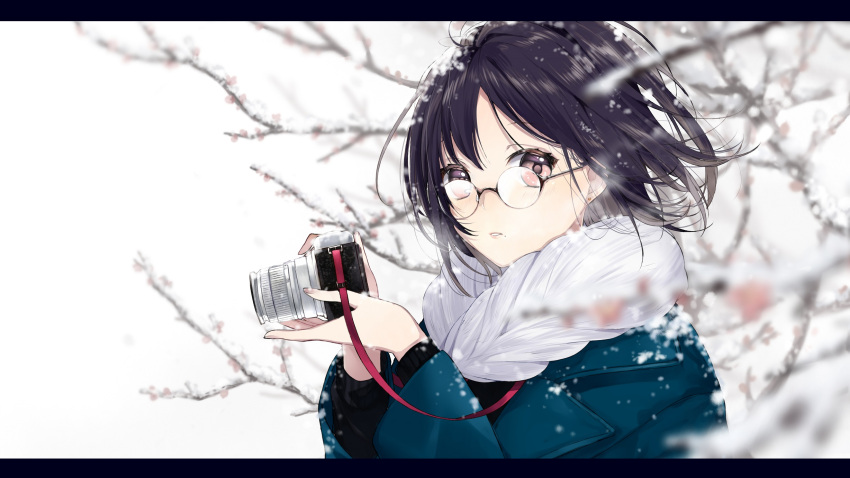 1girl banfs bare_tree black_hair blue_coat blurry brown_eyes camera depth_of_field glasses highres holding holding_camera letterboxed long_sleeves looking_at_viewer original outdoors parted_lips rimless_eyewear round_eyewear scarf short_hair snow_on_head sogawa solo tree upper_body white_scarf winter