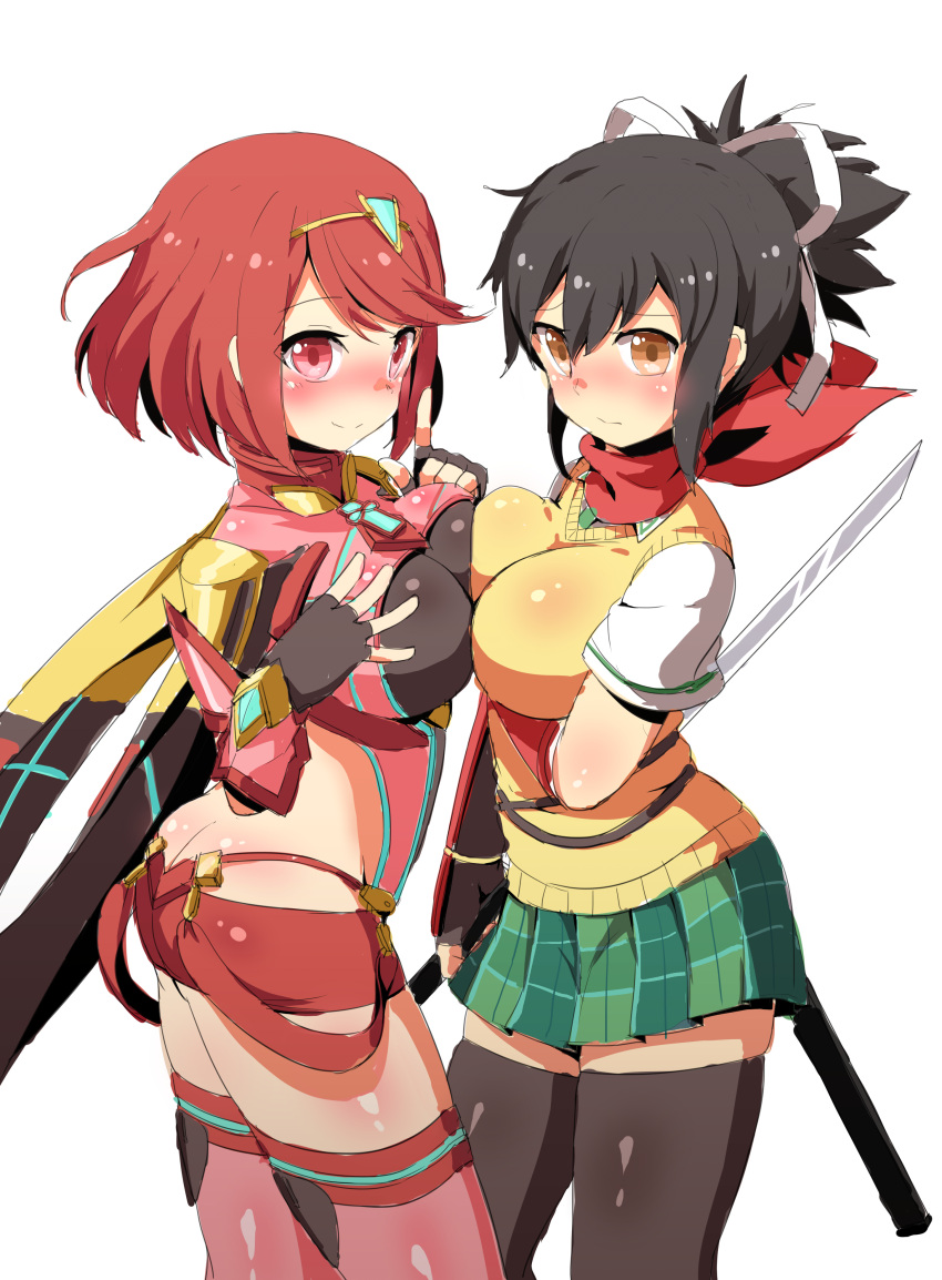 2girls absurdres ass asuka_(senran_kagura) blush breasts brown_eyes butt_crack covered_navel earrings fingerless_gloves gloves hair_ornament hair_ribbon highres pyra_(xenoblade) jewelry large_breasts long_hair looking_at_viewer multiple_girls ponytail red_eyes red_scarf redhead ribbon scarf school_uniform senran_kagura senran_kagura_(series) short_hair short_ponytail shorts sidelocks simple_background smile sweater_vest tiara white_background xenoblade xenoblade_2