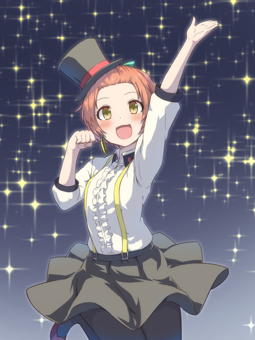 1girl earrings hat highres hoshizora_rin ichiban_no_yagi jewelry love_live! love_live!_school_idol_project open_mouth orange_hair short_hair skirt smile solo sparkle top_hat yellow_eyes