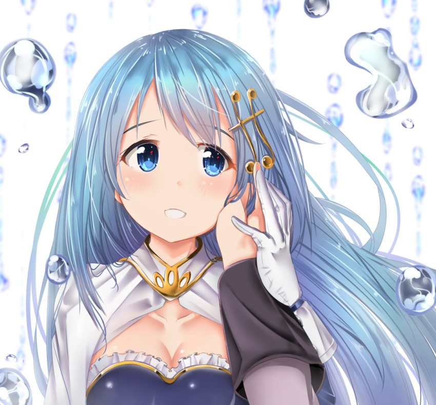 1girl aiming bangs blue_eyes blue_hair blush breasts cleavage cleavage_cutout collarbone eyebrows_visible_through_hair fortissimo fortissimo_hair_ornament frills gloves hair_ornament hand_on_another's_cheek hand_on_another's_face hand_up head_tilt long_hair long_sleeves looking_at_viewer mad_(hazukiken) magia_record:_mahou_shoujo_madoka_magica_gaiden mahou_shoujo_madoka_magica medium_breasts miki_sayaka outstretched_arm pov shiny shiny_hair solo_focus straight_hair tareme upper_body water_drop white_background white_gloves