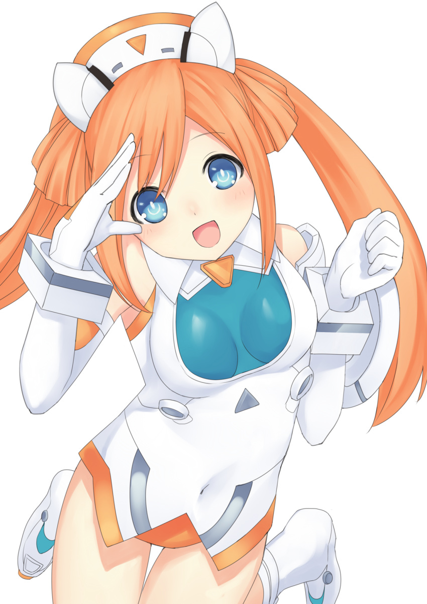 1girl blue_eyes blush covered_navel elbow_gloves eyebrows_visible_through_hair gloves highres leotard long_hair looking_at_viewer neptune_(series) open_mouth orange_hair orange_heart power_symbol shin_jigen_game_neptune_vii skin_tight smile solo symbol-shaped_pupils tied_hair twintails